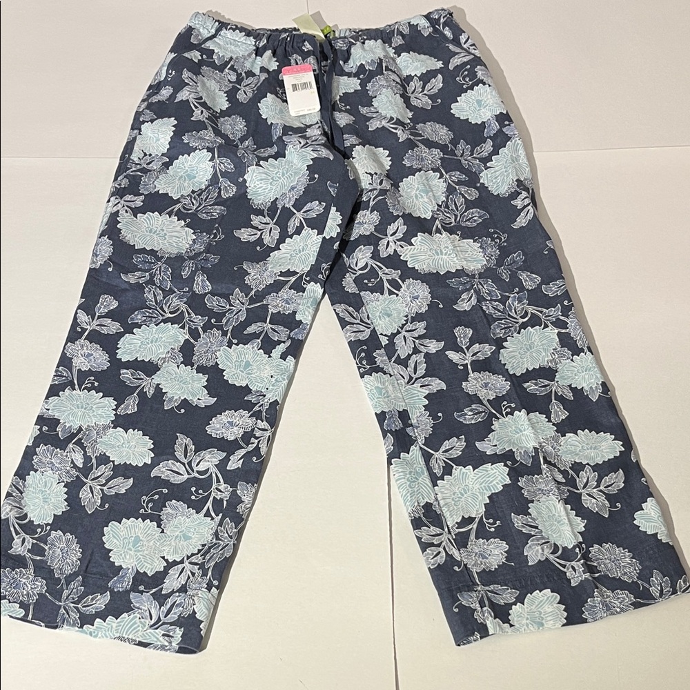 Sigrid Olsen 100% linen capris mandara spa medium blue floral drawstring NEW!